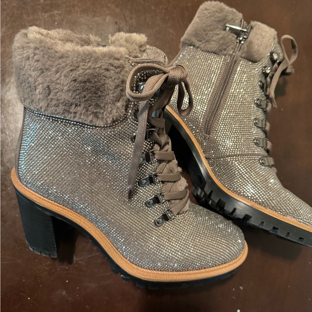 JLo grey rhinestone embellished combat boots in size 8